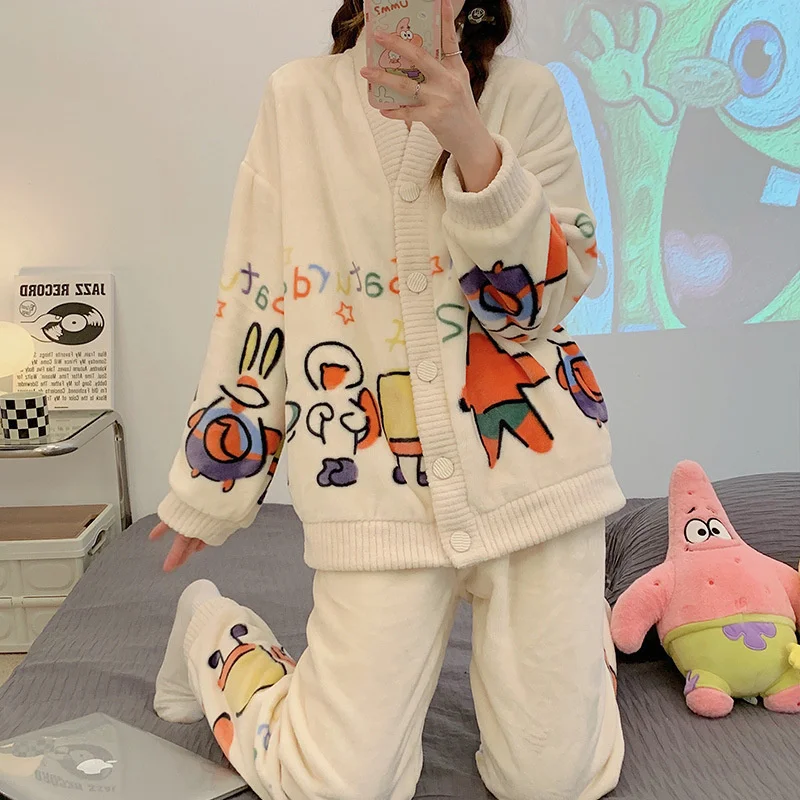 Autumn Winter V-neck Cartoon Cardigan Set Flannel Pajamas Women's Thickened Coral Velvet Long Sleeved Plush Home Clothes