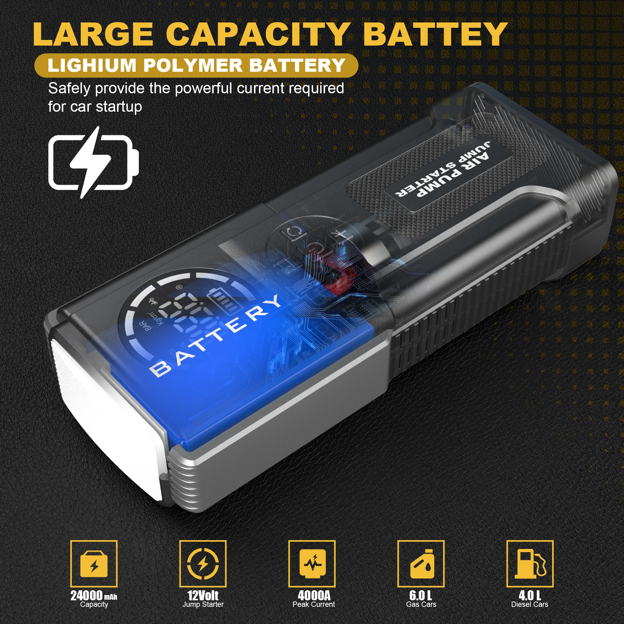 

Car Jump Starter 24000mAh Car Battery Starter Emergency Power BankCar Battery Jump Starter Flashlight Portable LED