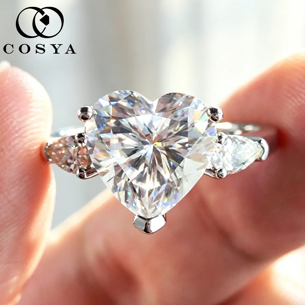 

COSYA 1/2/3/4CT Heart Moissanite 3-Stone Diamond Ring for Women S925 Silver Sparkling Waterdrop Wedding Band Fine Jewelry Gifts