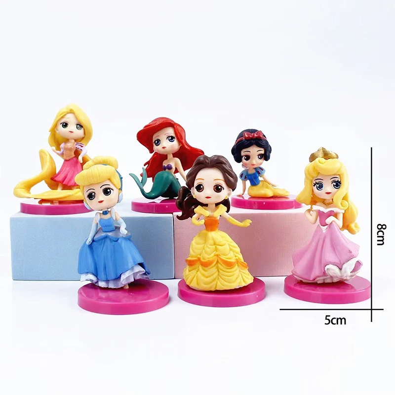 6Pcs/lot Kawaii Sitting Little Disney Princess Figure Belle Alice Mermaid Cute Figurine Cake Decoration Ornaments