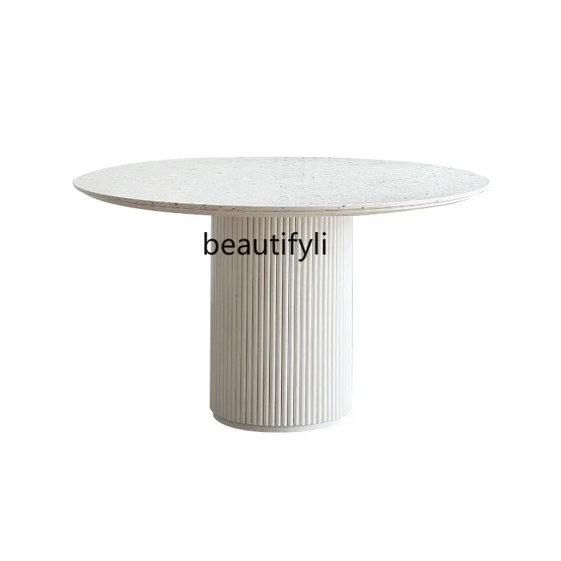 

French cream style simple modern rock slab Roman column round table small apartment terrazzo dining table