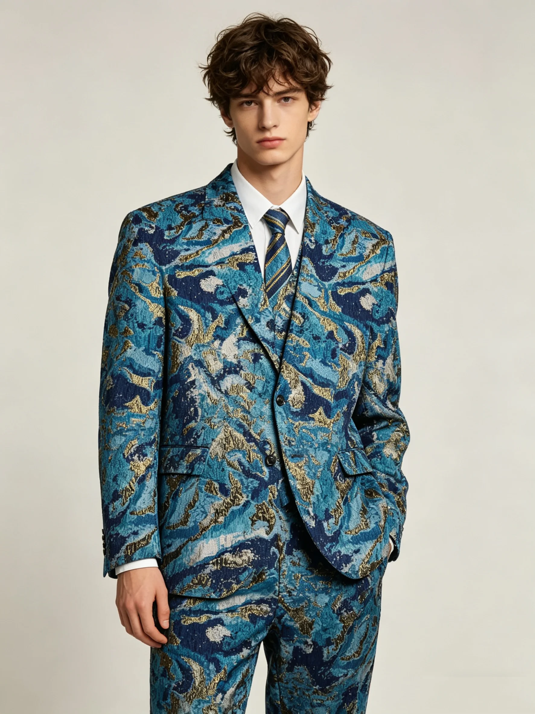 Blue Printed Men Suit Set 2 Piece Blazer+Pants Cotton Prom Wedding Tuxedos Coat Customized Formal Office Fashion Groom Jacket