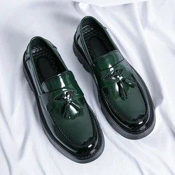 2024 Spring Autumn New Men's Thick Sole Elevated Shoes Trendy Green Loafers Men's Bright Leather Shoes Leisure Business