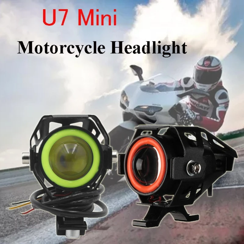 125W LED Auxiliary Motorcycle Headlight Universal 1200LM Angel Eyes U7 Mini Motorcycle Spotlights Bicycle Lamp Accessories