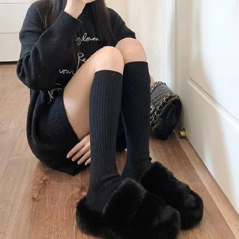 

1/3 пары осенне-зимних женских вязаных носков, однотонные теплые носки до колена с вертикальной планкой, женские носки в стиле Харадзюку в стиле Лолита