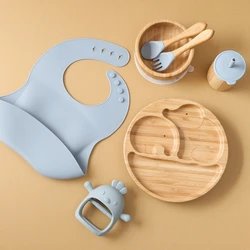 Plato de cena de madera, suministros de alimentación, vajilla de bambú para bebé, plato de succión de silicona, Tazón sin BPA, accesorios para recién nacidos