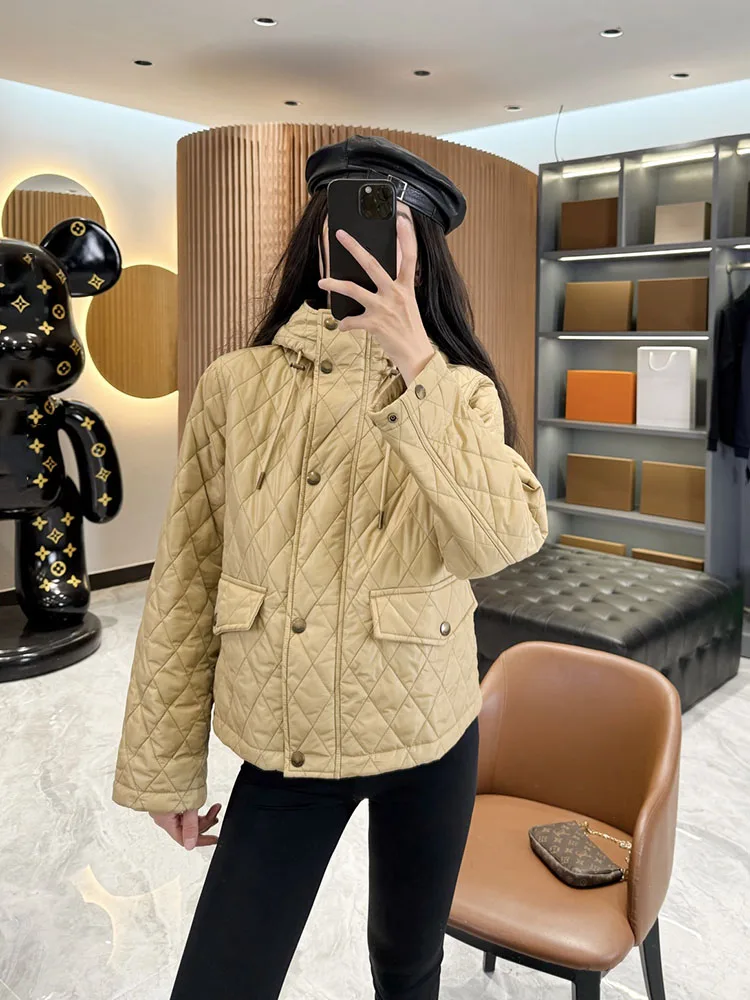 

British Style Women's Fashionable Casual Slim Fit Hooded Cotton Jacket Zipper Closure Long Sleeve Regular Length Straight Tube