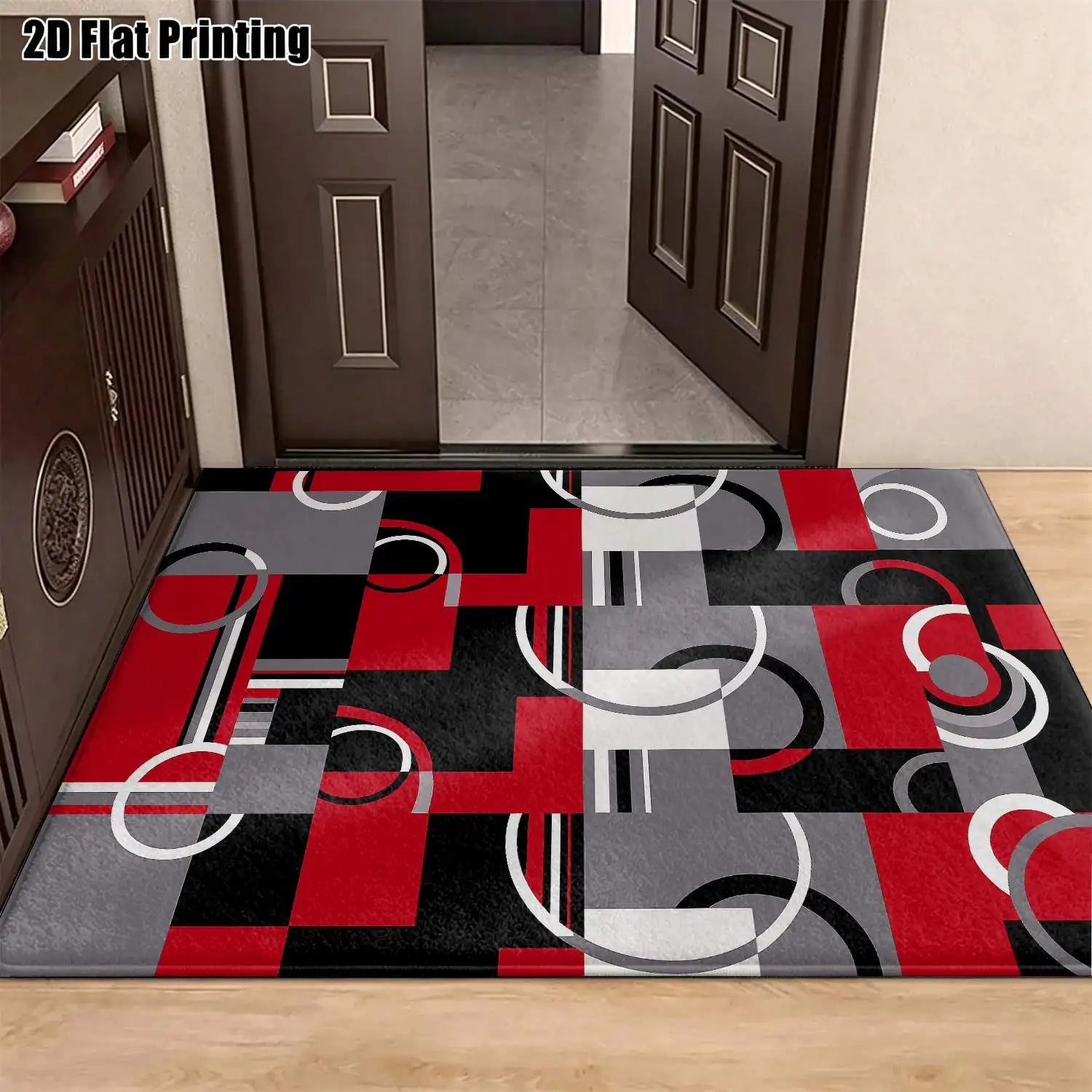 1Pc 2D Printed Carpet: Red, Gray, Black Geometric Abstract Patterns Modern Simple Floor Mat for Instagram, Nordic, European Styles, Home Decor, Multiple Sizes, Machine Washable, Ideal for Entryway, Dining Room, Foyer, Living Room, Bedroom.
