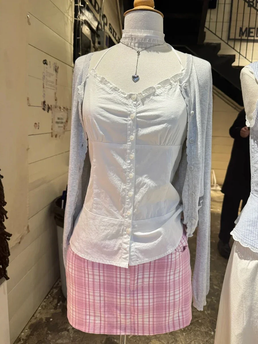Pink Plaid Straight Mini Skirt Woman Spring Low Waist Cotton Short Falda Female Streetwear Preppy Style Sweet Skirts Y2k