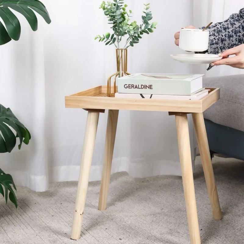 Small Spaces Rectangle Side table Solid Wood Legs &  Rattan Nightstand Modern End Table for Living Room Bedroom Office The Table