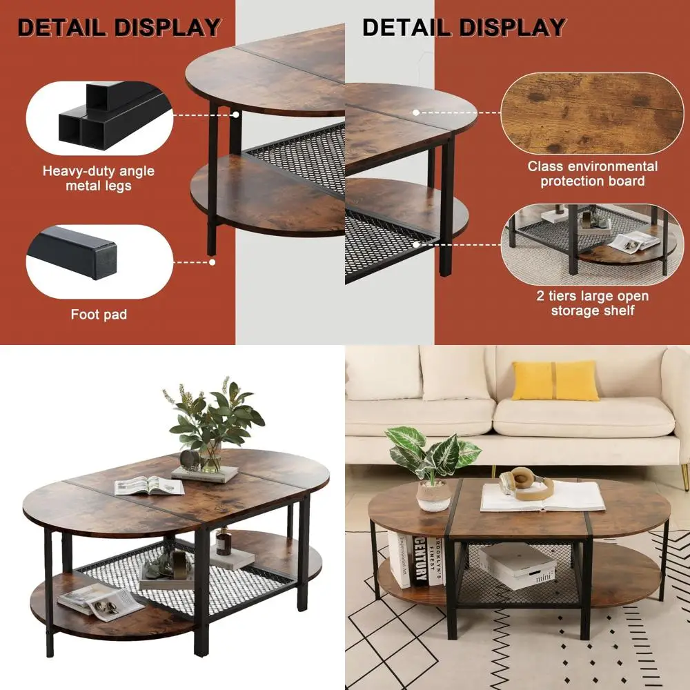 

Rustic 2-Tier Oval Coffee Table with Metal Frame, Modern Vintage Brown Living Room Furniture