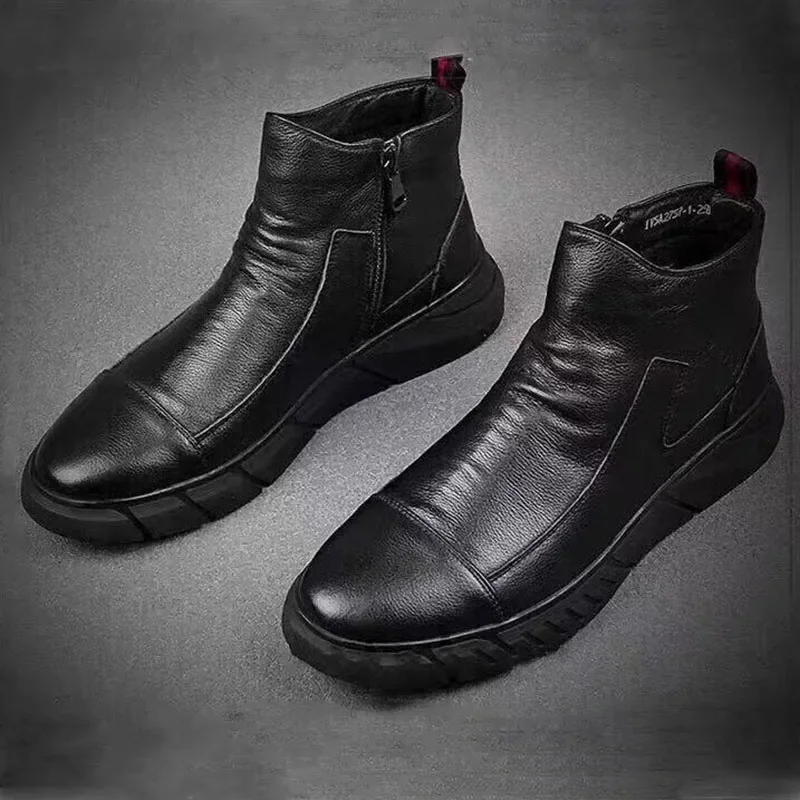 New Men Genuine Leather Riding Boots Spring Autumn High Top Leather Loafer Shoes Breathable Slip-on Side Zip Ankle Boots ZP2757