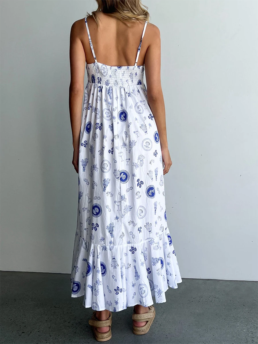 Women s Boho Floral Print Maxi Dress Sleeveless Spaghetti Strap Smocked Back Beach Dress Summer Sundress