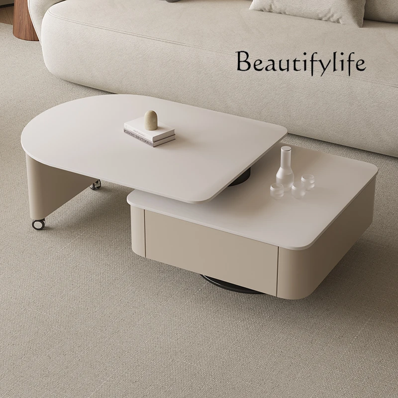 

Cream wind rock slab coffee table combination with wheels living room home creative simplicity high sense retractable