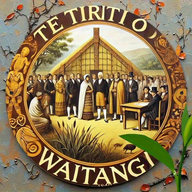 2D Flat, 1pc 8x8 Inch Round Metal Sign - Vintage 1840 Treaty of Waitangi Historical Artwork, Durable Iron Wall Decor with Pre