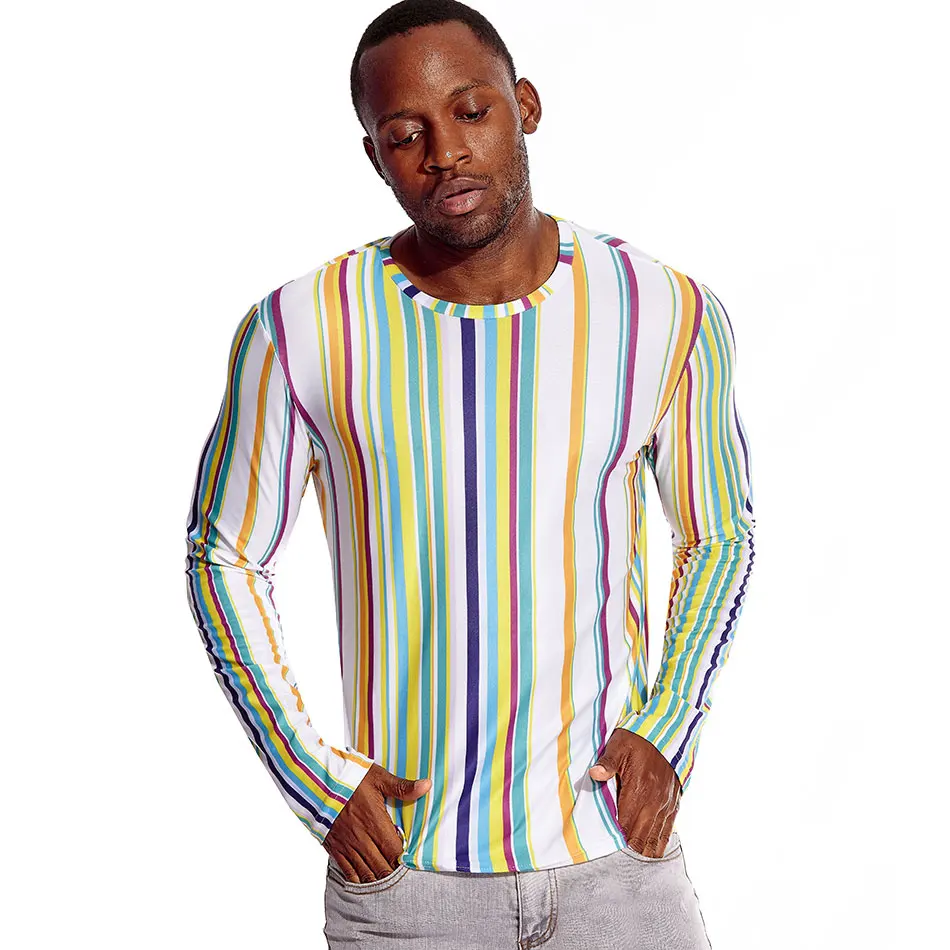 Rainbow Striped Crew Neck Long Sleeve T Shirt for Men O Neck Striped Printed Shirt Top Tee Male Tshirt streetwear