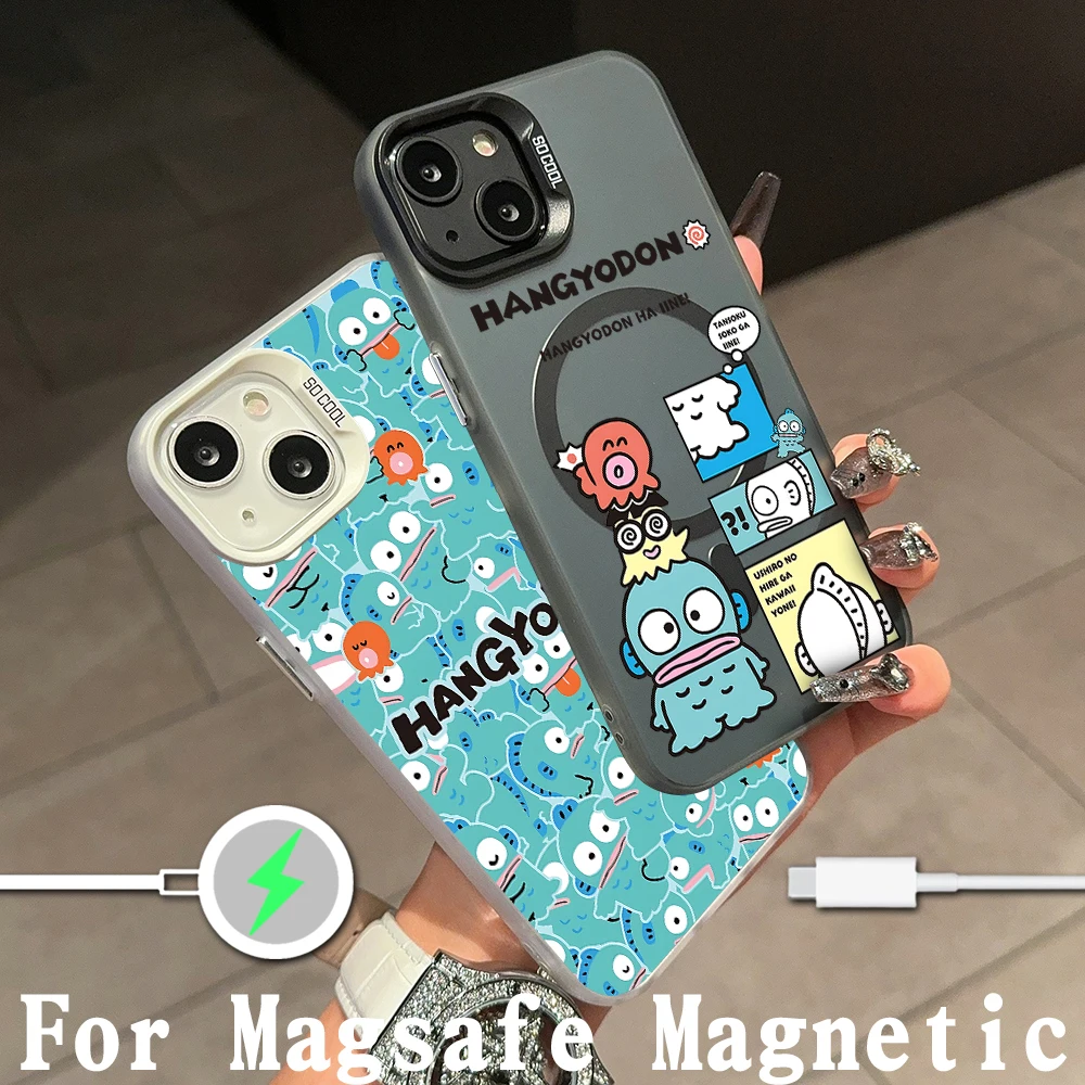 Cute  Hangyodon Kawaii Magsafe Magnetic Phone Case for IPhone 11 12 13 14 15 16 Pro Max Plus Lens Border Silver Plated Cover