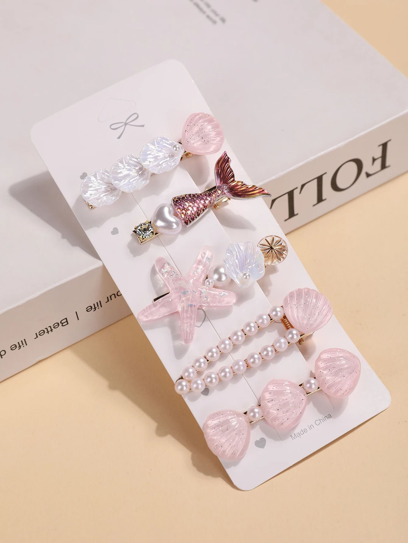 5-teiliges Set Blaue Haaraccessoires im Ozean-Stil - Meerjungfrauenschwanz, Muschel, Seestern und Perlen-Haarspangen - Niedliche Teenager-Seitenknoten-Accessoires – Detail 8