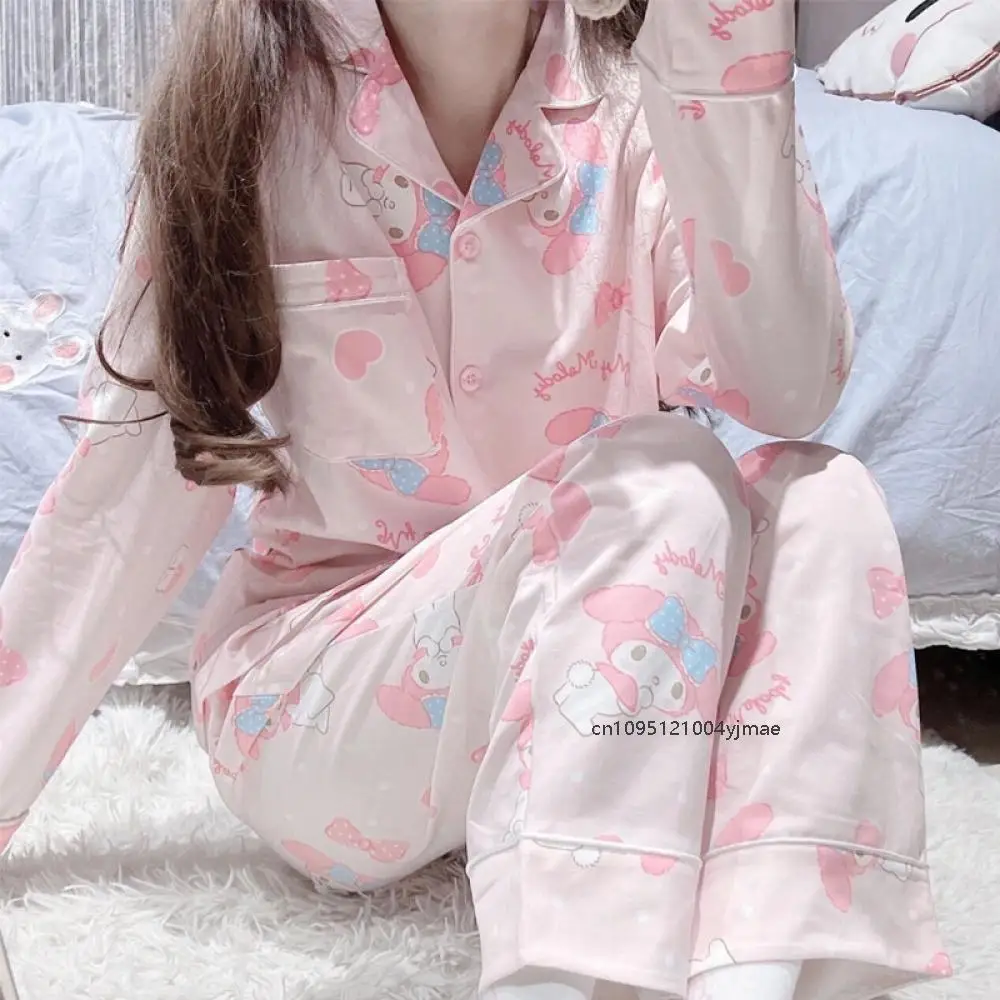 2Pcs Anime Sanrio Melody Woman Pajamas Set Hello Kitty Kuromi Kawaii Cartoon Loose Sleepwear Pajamas Girl Long Sleeves Home Wear