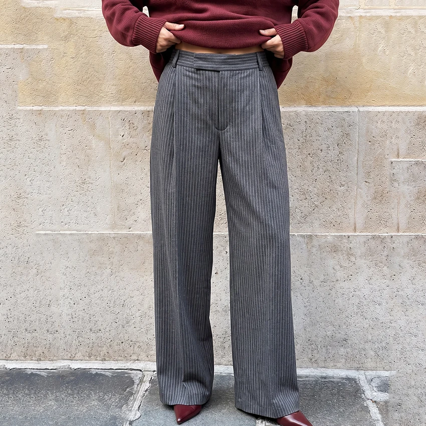Linad Office Lady Gray Stripe Long Pleated Pants 2026 Elegant High Waist Straight Pant Woman Casual Loose Zipper Trousers Female