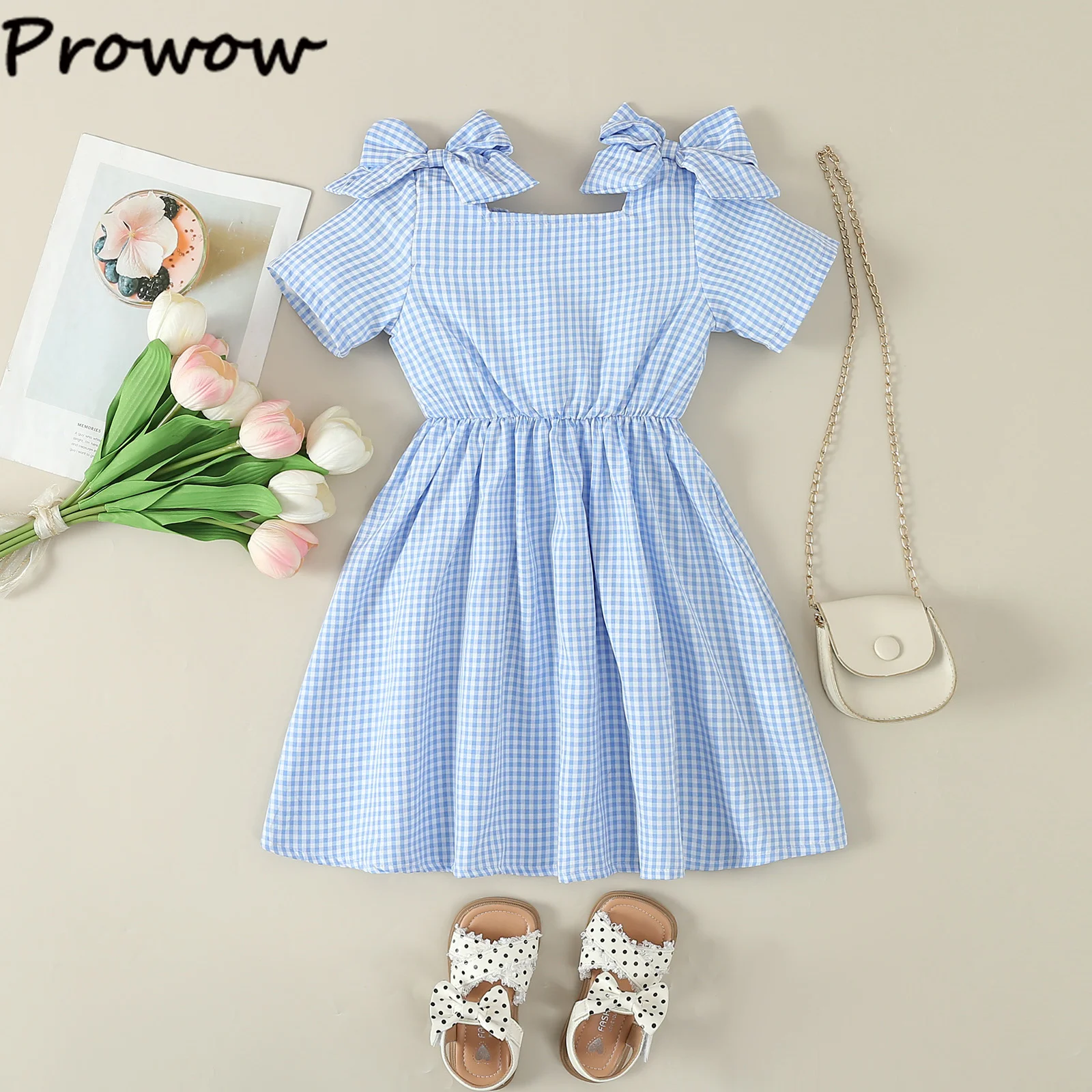 Prowow Summer Brother and Sister Matching Outfits Toddler Boy Gentleman Sets Blue Plaid Smocked Girl Dresses Family Clothes