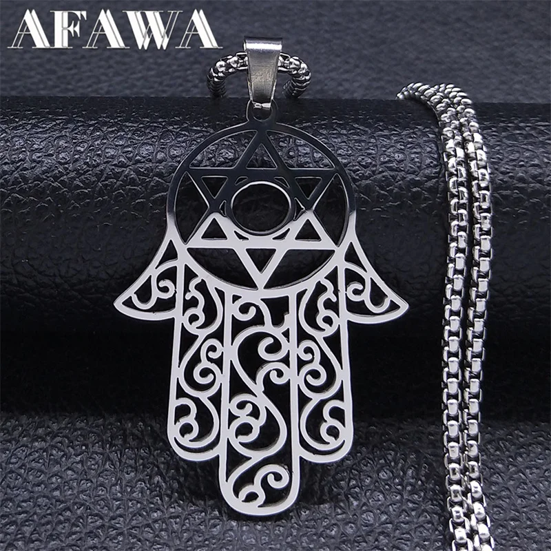 Hamsa Hand Of Fatima Necklace Stainless Steel Silver Color Jewish Magen Star of David Necklaces Jewelry Collar Hombre N7073S02