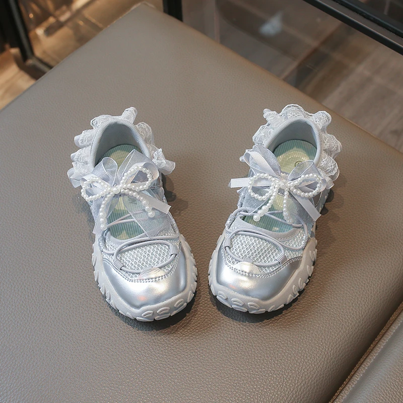 Sweet Princess Mary Jane Sneakers for Girls Large Bow Ribbon Adjustable Strap Soft Sole Walking Shoes Summer Breathable