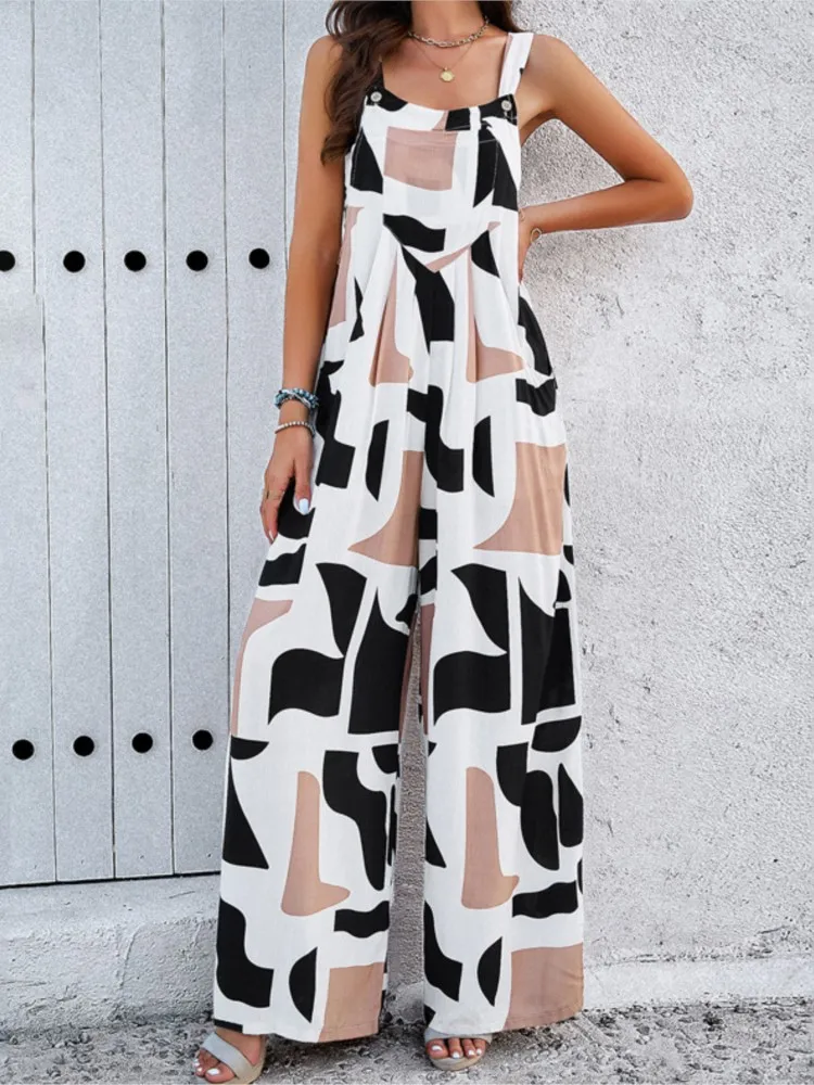 

Женская одежда, весна-лето, новая мода, сексуальный комбинезон без рукавов на подтяжках с принтом, повседневный комбинезон с поясом и карманами