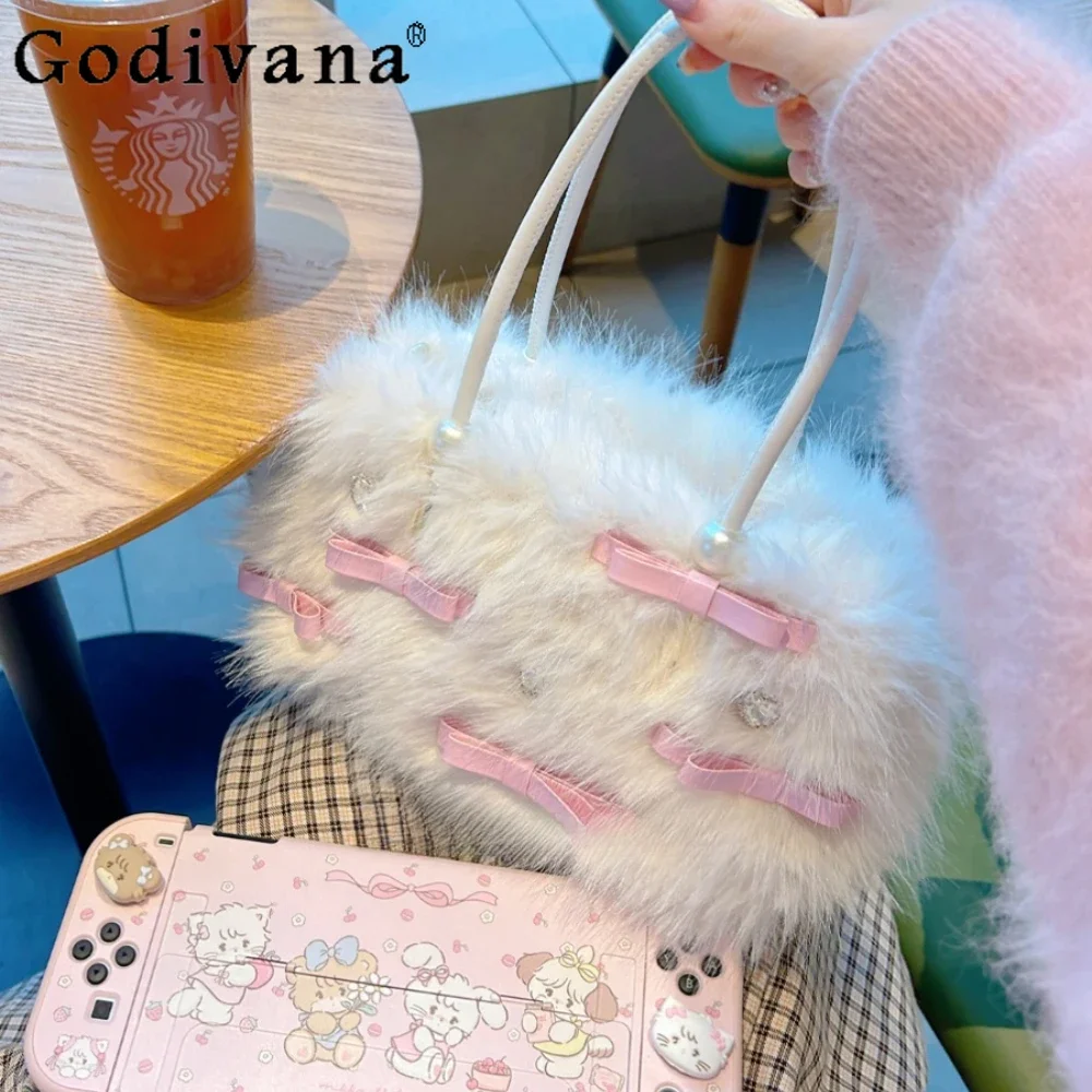 

Teen Kawaii Plush Pearl Handbag Bow Sweet Cute Purses and Handbags Tote Shoulder Crossbody Bags