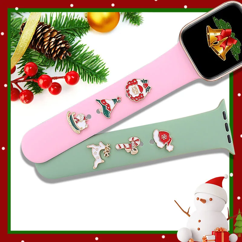 3pcs/Set Christmas Cute Watch Band Charms for Apple Watch Series 8 7 6 5 4 SE, Stainless Steel Decorative Ring Loops for iWatch