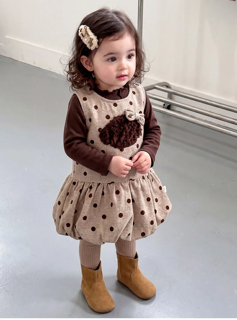 Childrens Wear Girls Dress Set Fall Baby Girl Undershirt Polka Dot Puppy Vest Dress Two Piece Set Stylish Fall