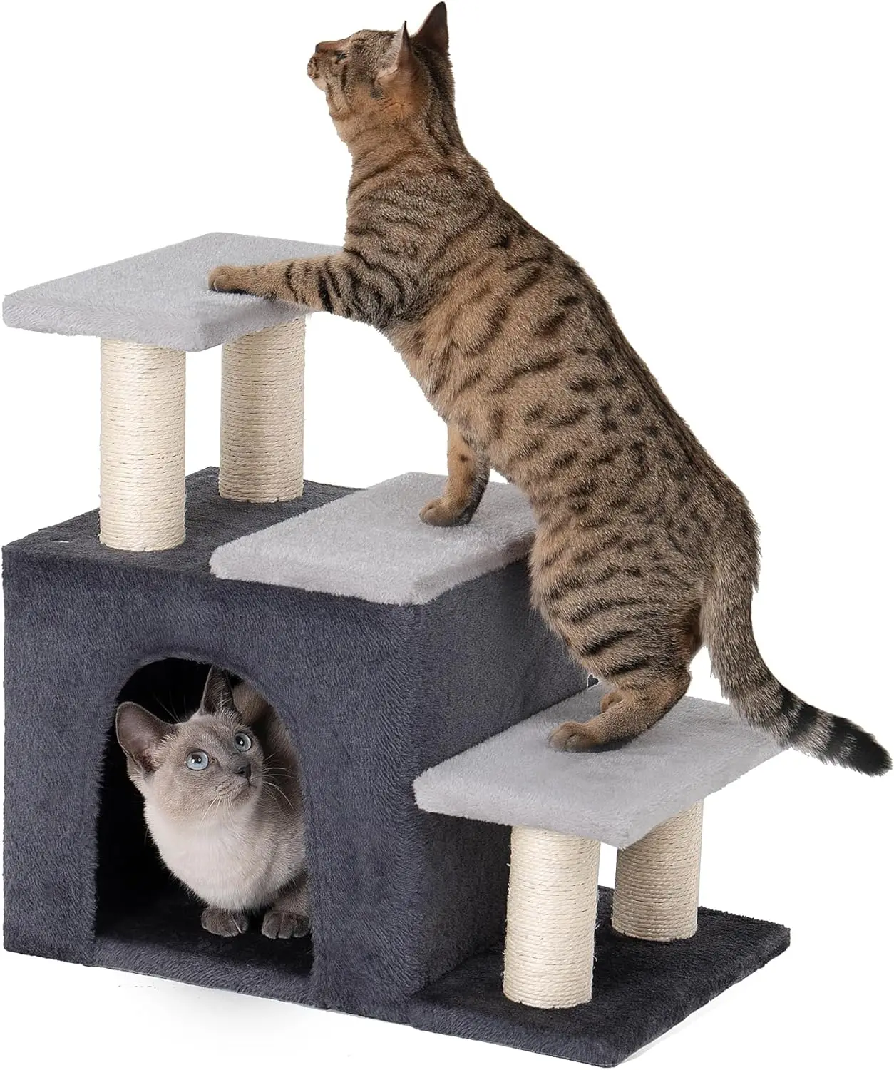

3-in-1 Pet Stairs for Cats & Small Dogs - 6.3" Deep, Soft Plush - with Cat Cave & Sisal Scratching Post - Grey