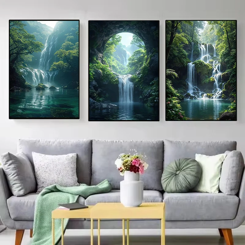 Natural Landscape Spectacular Waterfall Canvas Painting Green Tree Forest Posters Wall Art Prints Picture Home Decor Paintings