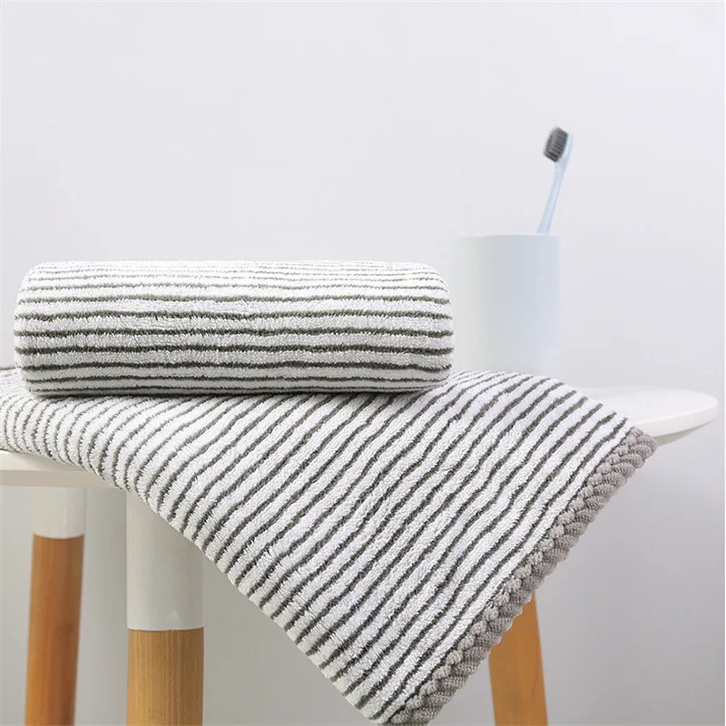 1Pc 34x75cm Bamboo Charcoal Fiber Coral Fleece Water-Absorbent Antibacterial Stripes Dry Hair Wash Hand Towel