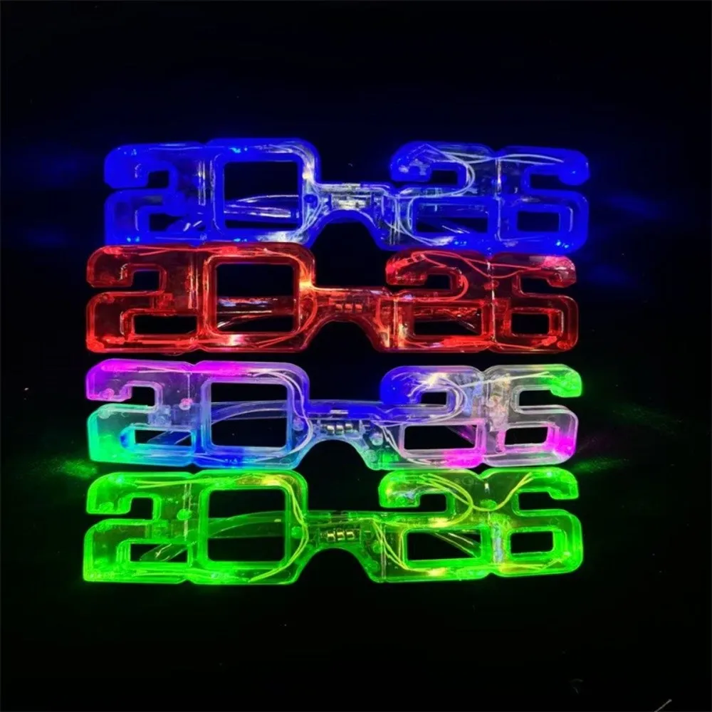 LED Glow 2026New Year Glow Glasses Square Shape Number 2026 LED Glow Glasses Colorful Light Up New Year Party Glasses