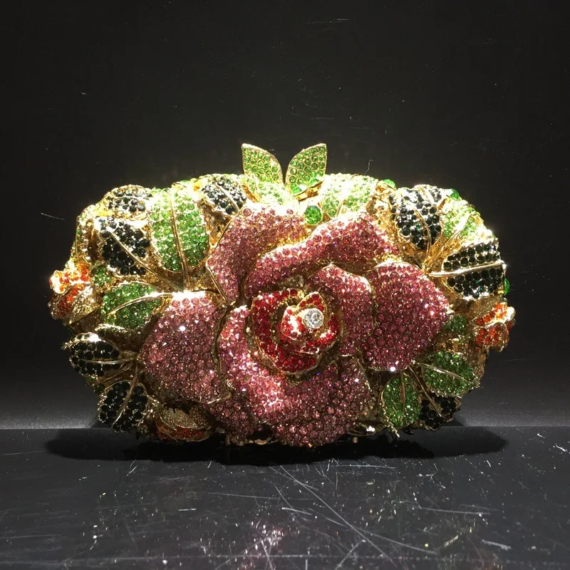 Green Pink Multicolored Rose Crystal Women Evening Clutches Bags Diamond Wedding Cocktail Party Purse and Stone Handbag