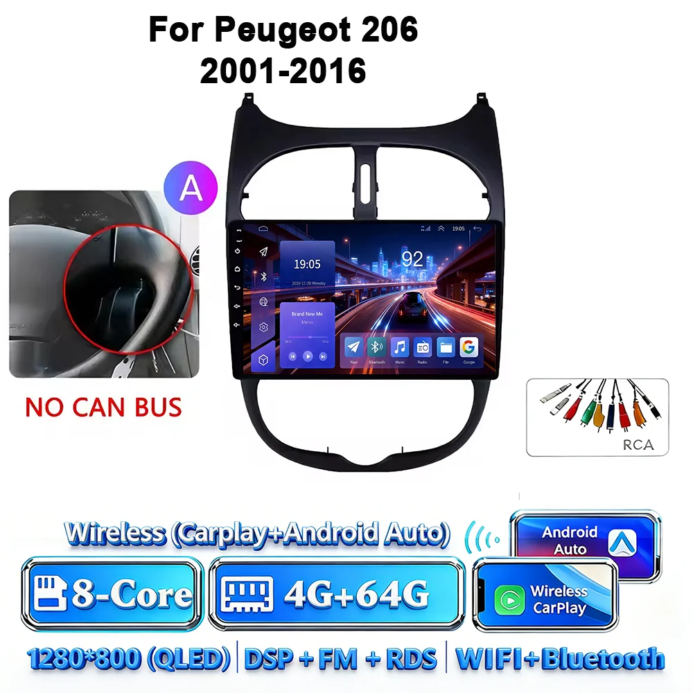 Android 17 Carplay Android Auto 4G WIFI autoradio voor Peugeot 206 2001-2016 GPS DSP BT touchscreen multimediasysteem navigatie stereo