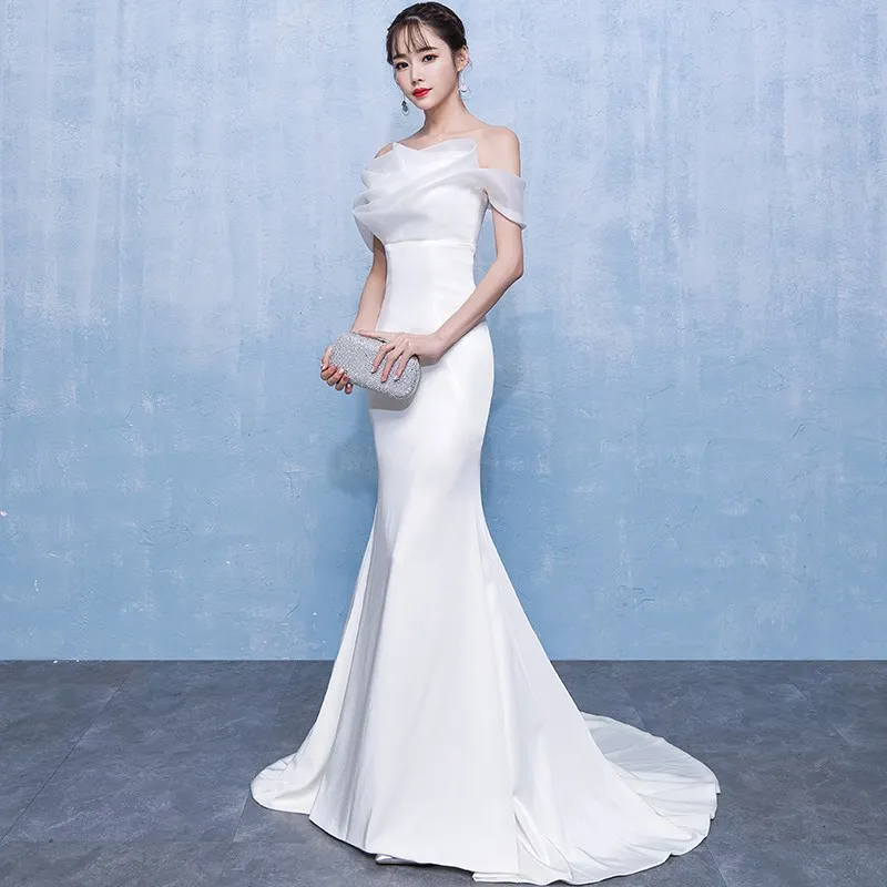 Ele White Fi Tail Evening Gown with Strapl Design for Women High-end Host Performance Outfit Wedding Dr