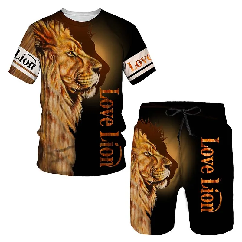 The King Lion 3d Print Men\'s Round Neck Tracksuit Sets Summer T-Shirt Shorts 2 Piece Set Oversized Pullover Fashion Men Clothing