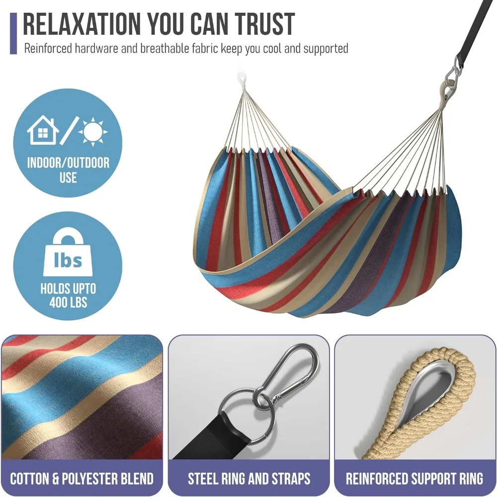 Extra-Long Two Person Portable Hammock Bed for Indoor or Outdoor Use with Rope and Pouch