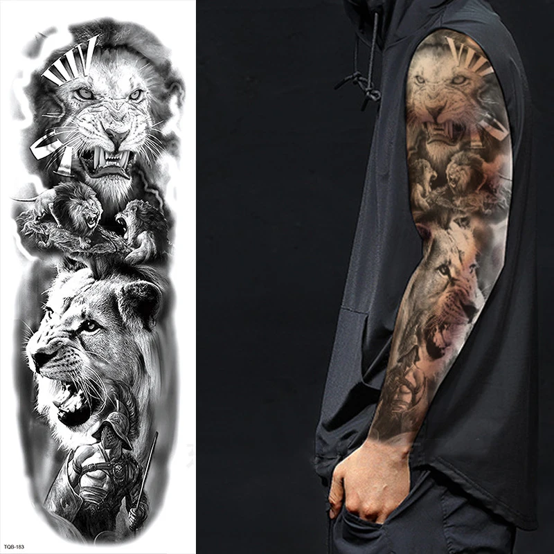 Tatuaggio temporaneo Full Arm Body Art Stickers impermeabile Large Arm Sleeve Tattoo Women Adult Man Semi Permanent Tattoo Lion Rose