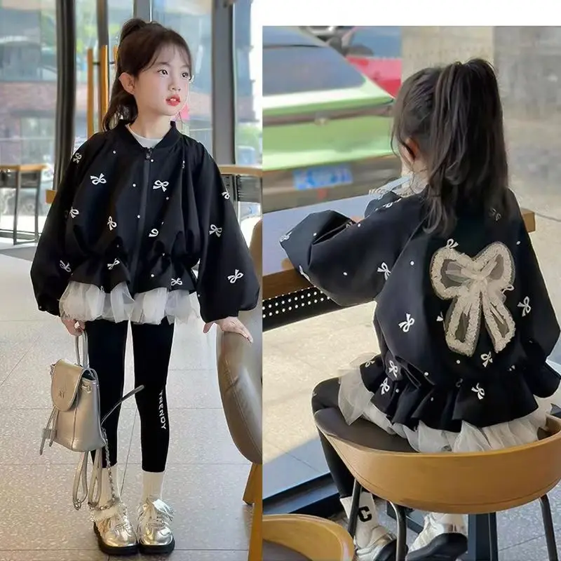 2-12Y Children's Bowknot Jacket 2025 New Princess Tunic Spring Fashion Cardigan Kids Baby Autumn Casual Windbreaker