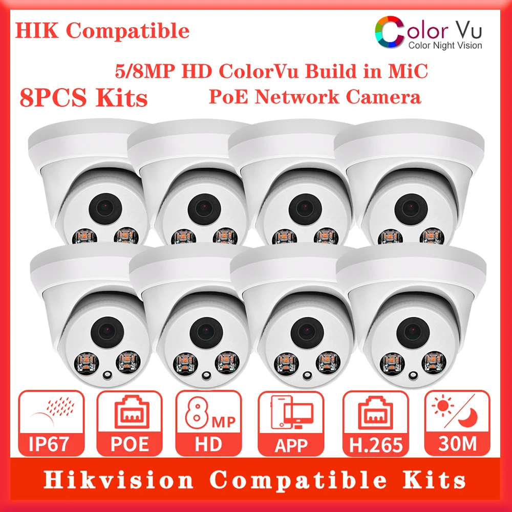 8pcs Kits Hikvision Compatible 5mp 8mp Colorvu IP Camera Bulit-in Mic PoE Security Surveillance IP Camera Plug&Play with HIK NVR