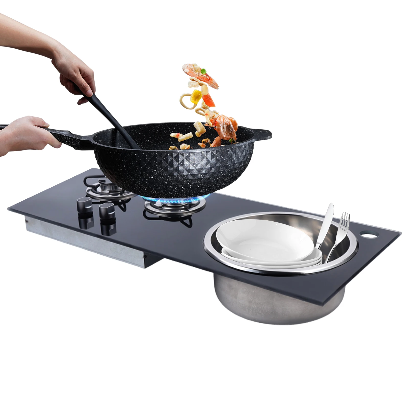 2-Burner RV Gas Stove with Sink 2-Level Fire Flame Failure Protection for Motorhomes Camping Boats Outdoor Cooking