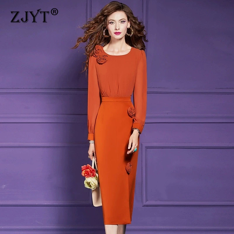 

ZJYT Elegant Spring Autumn Long Sleeve Sweet Pink Formal Party Dresses for Women 3D Floral Appliques Slim Straight 2025 Vestidos