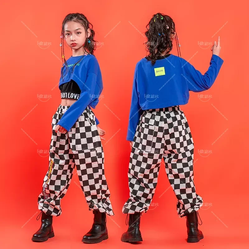 Girls Plaid Crop Sweatshirt Joggers Hip Hop Clothes Sets Kids Tank Top Cargo Pants Street Dance Wear Child Jazz Dacewear Costume