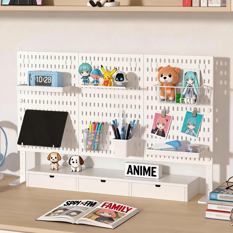 Drill Free Desktop Pegboard Wall Organizer For Anime Gaming Desk Figure Keychain Badge Storage Shelf Hooks Display