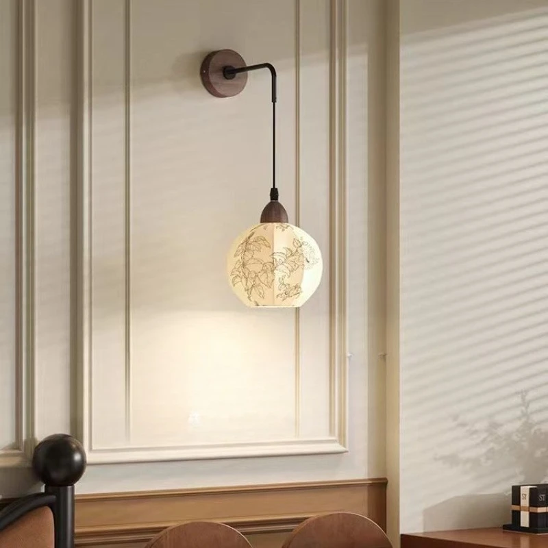 French Retro Spherical White Printing Fabric Wall Lamp LED Eye Protection Light Living Room Bedroom Restaurant Tea House Sconces