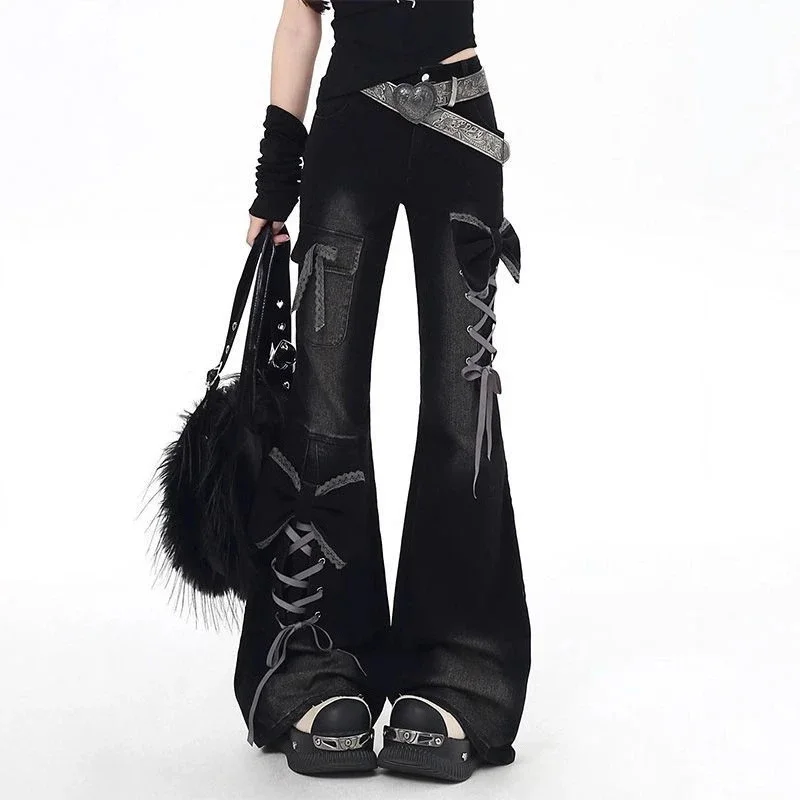 3D Butterfly Bow Black Bell Bottom Jeans Women Y2K High-Waisted Skinny Fit Fall Winter Design Slim Flattering Denim Pants New