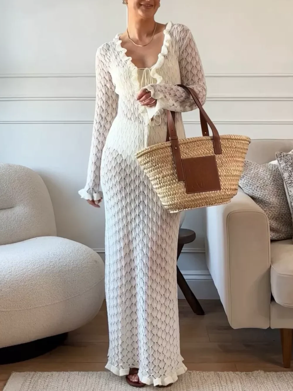 

Women's summer fashion solid color V-neck tie long sleeve dress party holiday feeling hollow pleated elegant knitted midi dress